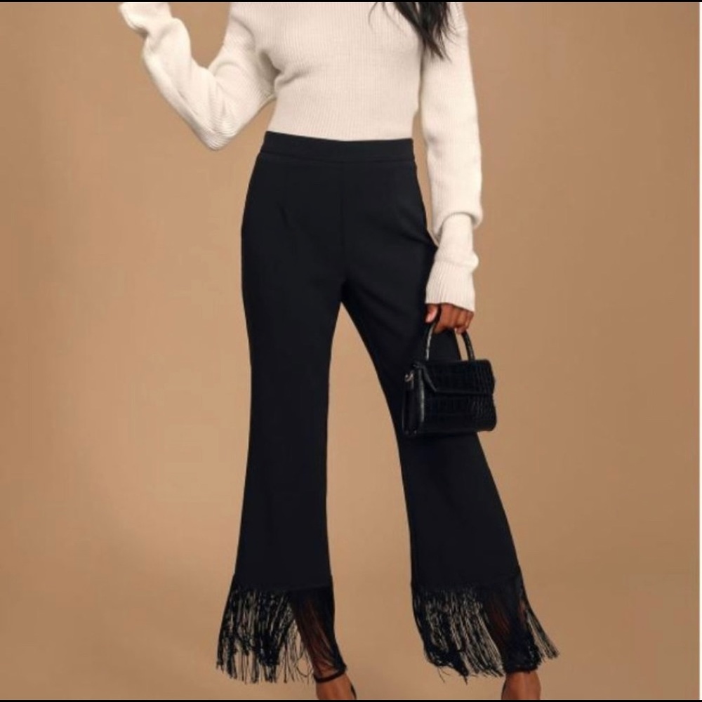 Lulu's Black High Waisted Fringe Pants Catch a Crush Size Large NWT